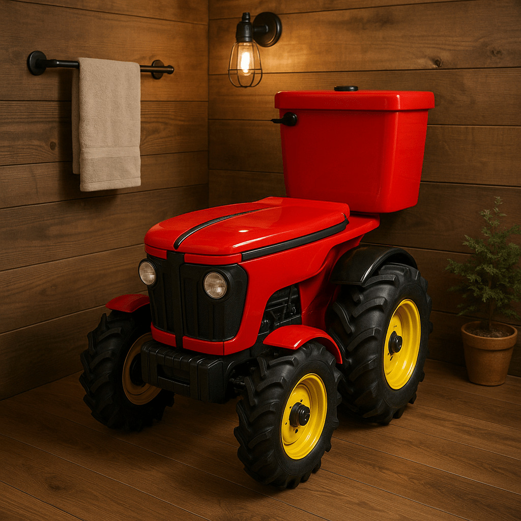 Bold red novelty toilet shaped like a tractor with black details and yellow tyres in a rustic bathroom