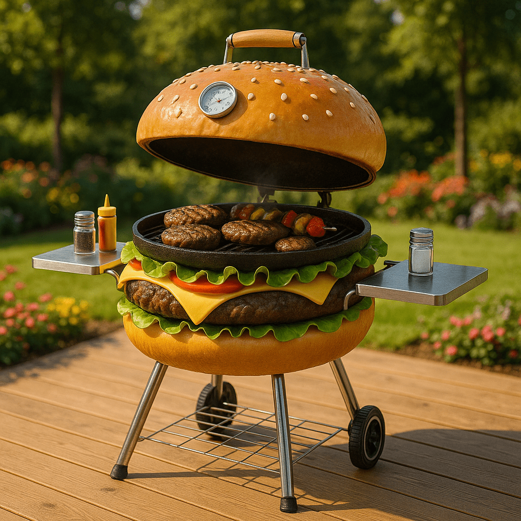 Burger-themed BBQ grill with lettuce, cheese, and beef patty details, cooking burgers and kebabs.