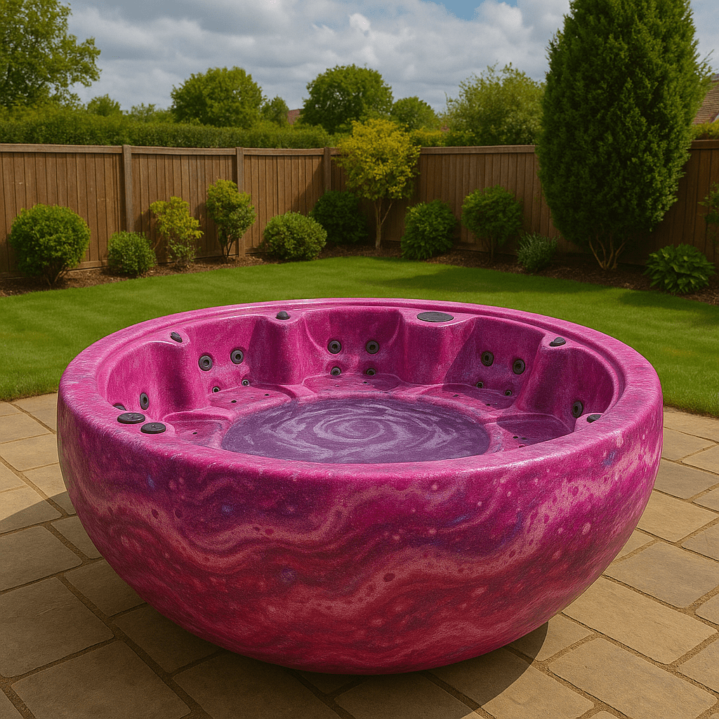 A stunning pink and magenta swirled round hot tub in a landscaped garden setting