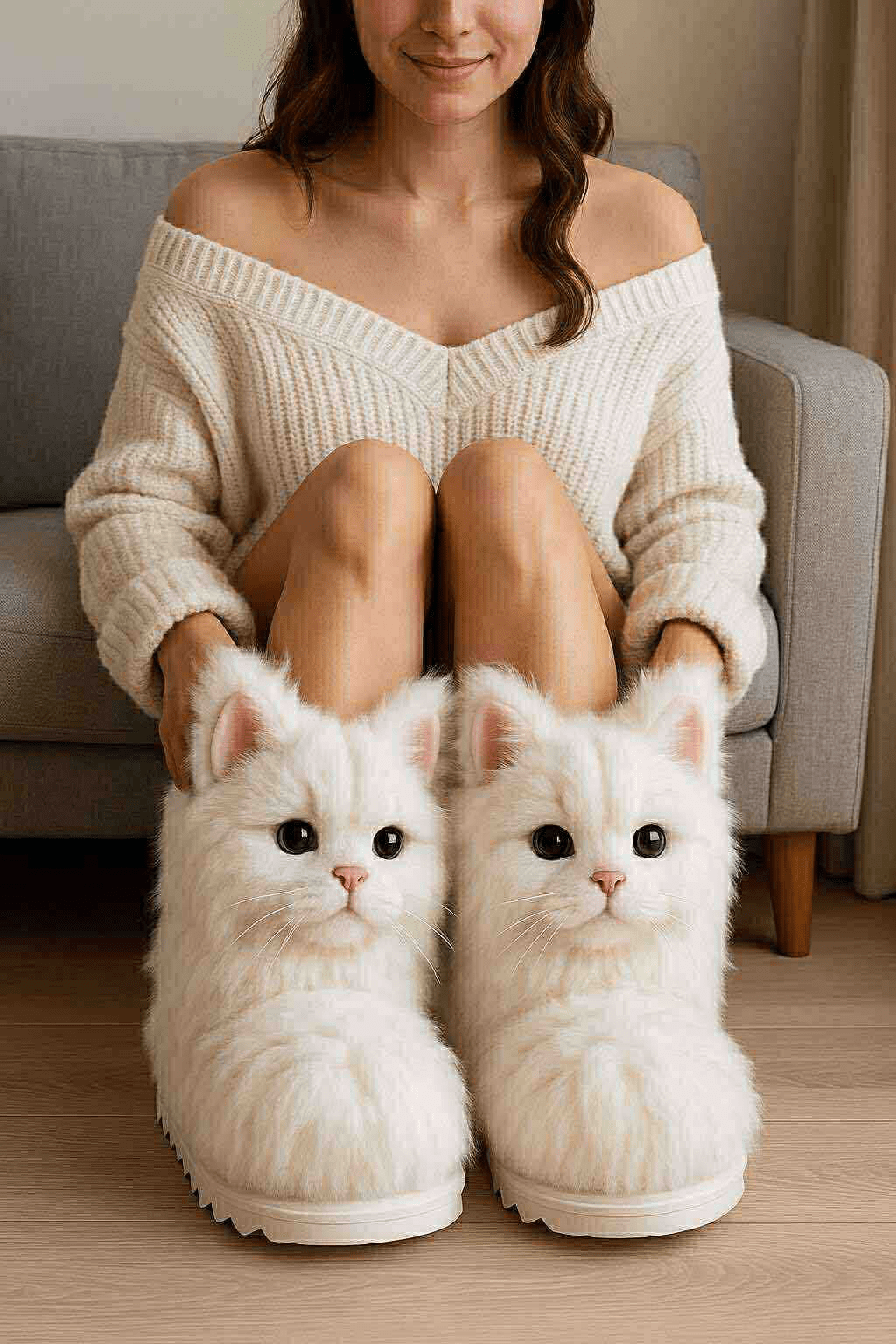 Soft white cat-shaped slippers with realistic feline features worn with a cream knit jumper.