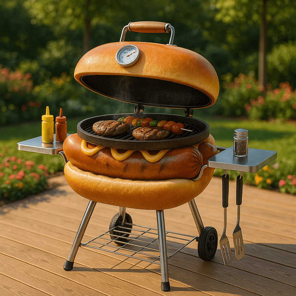 BBQ grill shaped like a hot dog in a bun, cooking burgers and vegetables outdoors.