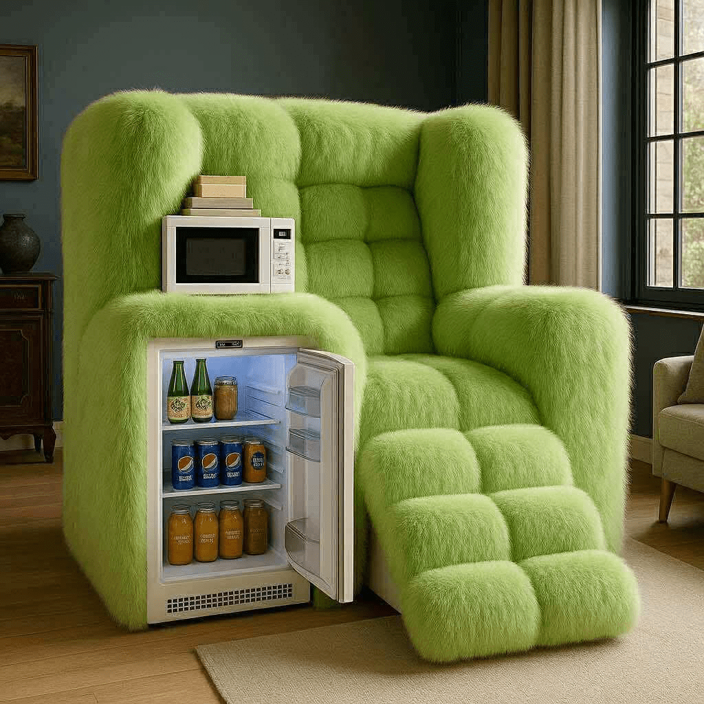 Bright green oversized armchair featuring integrated fridge and microwave, blending comfort with convenience.