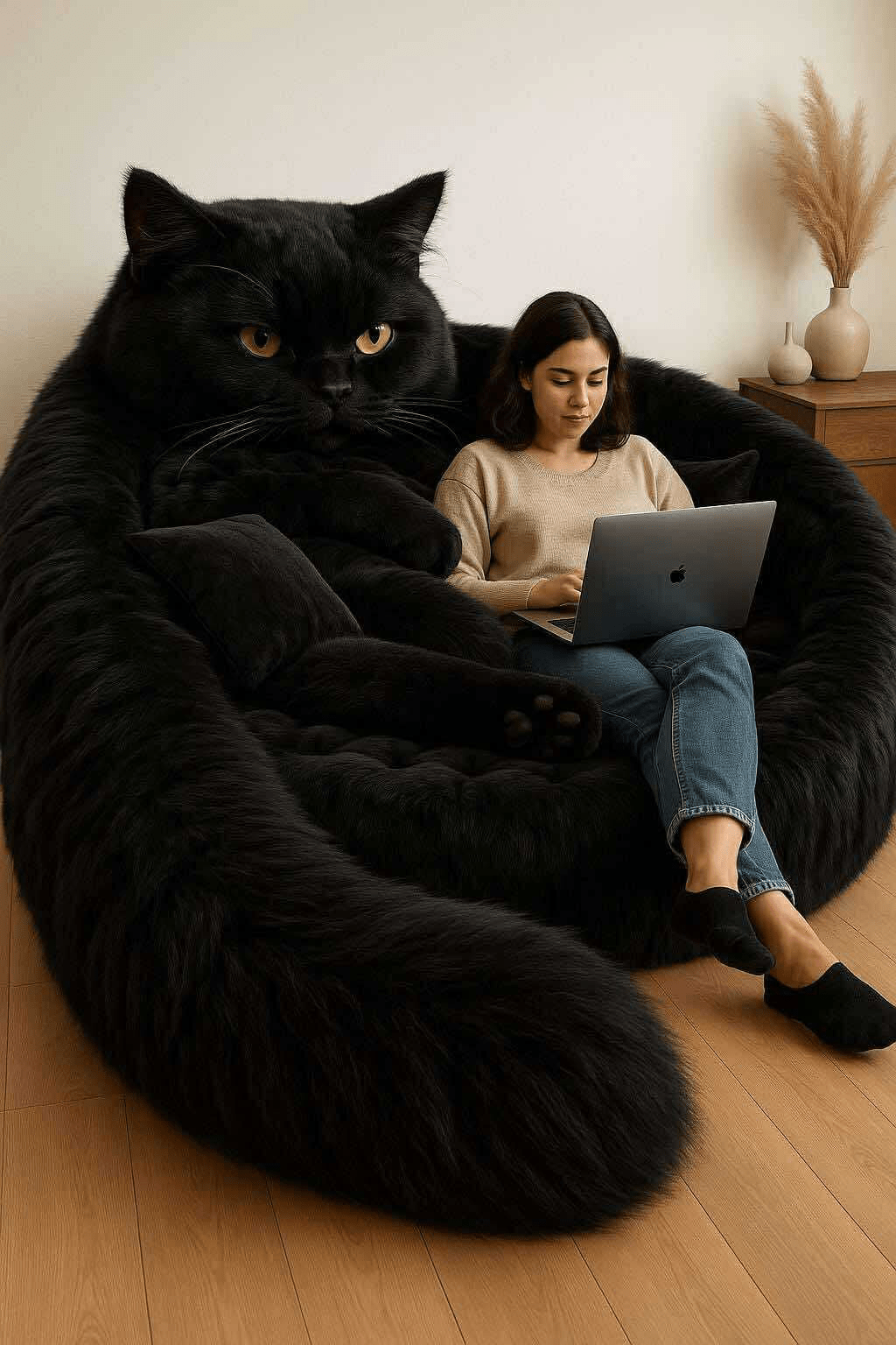 A woman working on her laptop while sitting in a giant oversized black cat armchair.