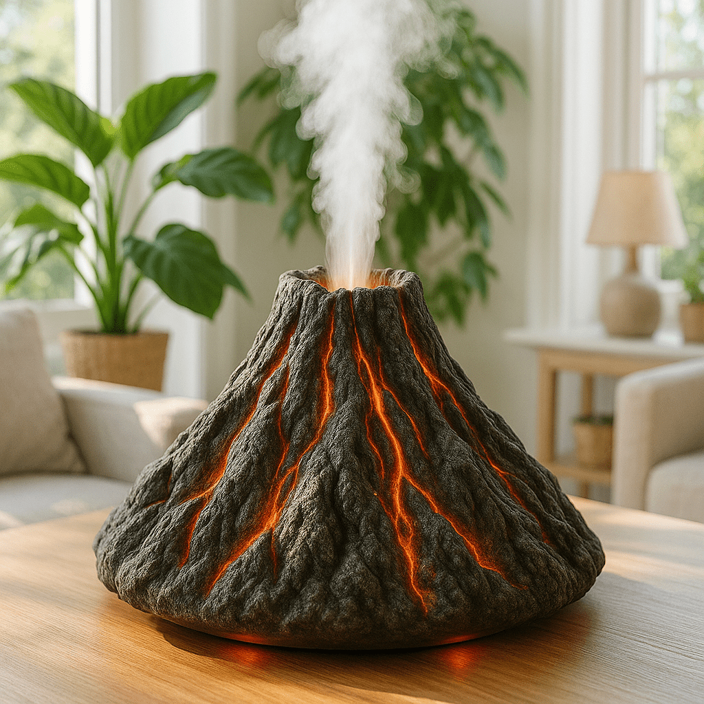 Volcano-shaped aroma diffuser releasing steam with realistic red lava-effect LED illumination.
