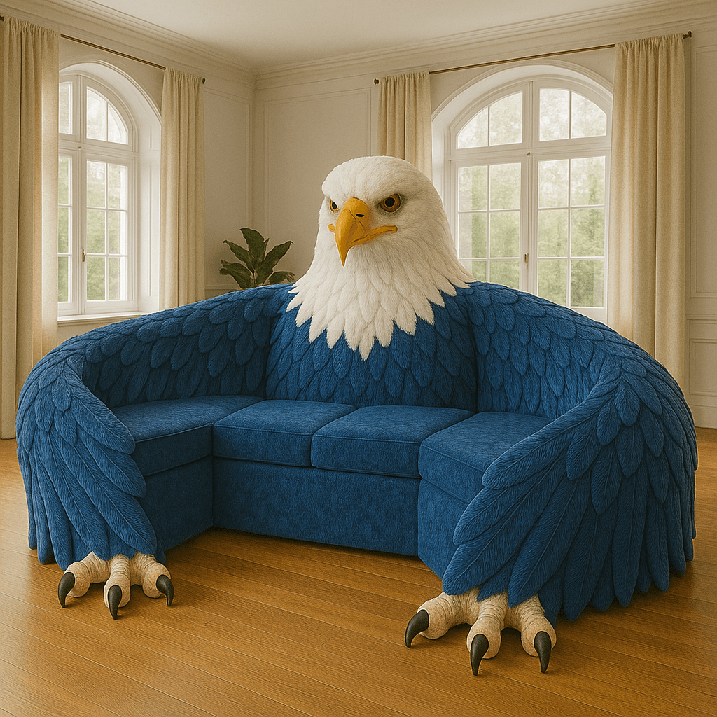 Blue sofa shaped like a bald eagle with white head and yellow beak in a modern room