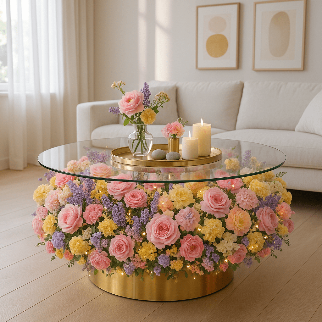 Glass-topped coffee table with gold base and pastel floral arrangement of pink roses, yellow carnations, and lavender.