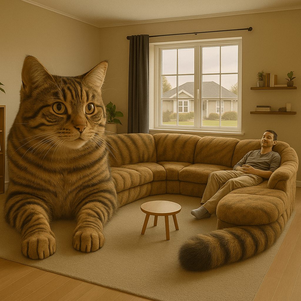 Plush brown tabby cat-shaped sofa with detailed striping in a comfortable living room setting.