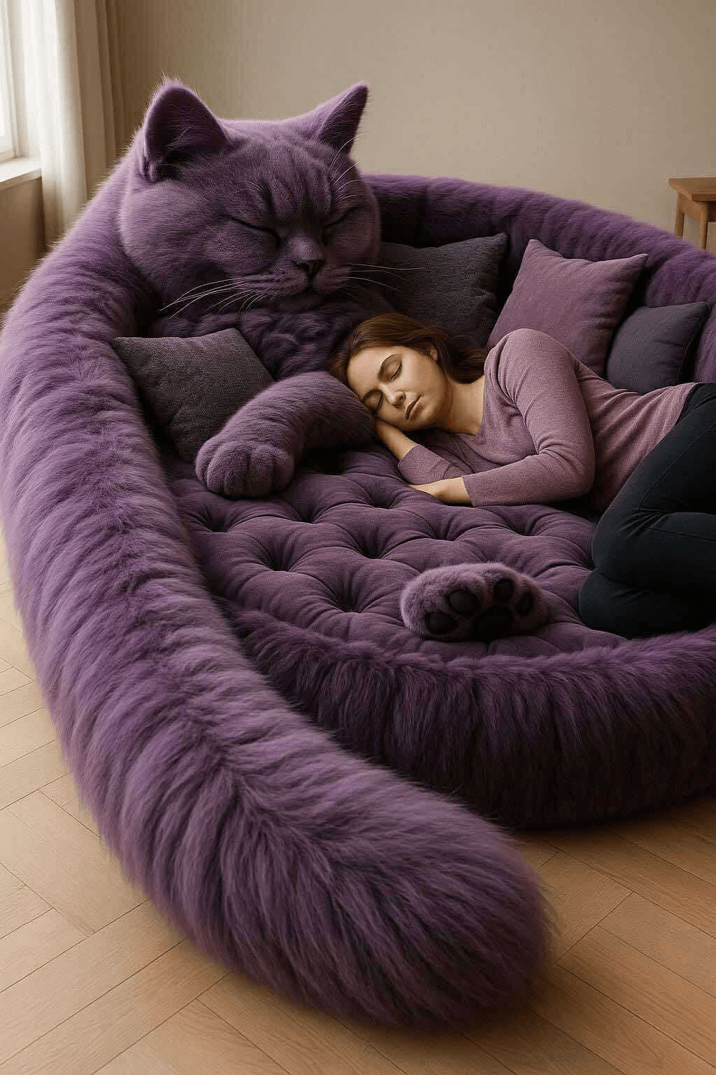 A woman napping in a giant purple cat-shaped armchair with soft cushions.