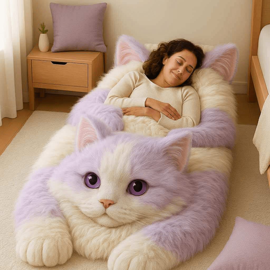 Oversized pastel purple and white cat-shaped bed with person sleeping peacefully.