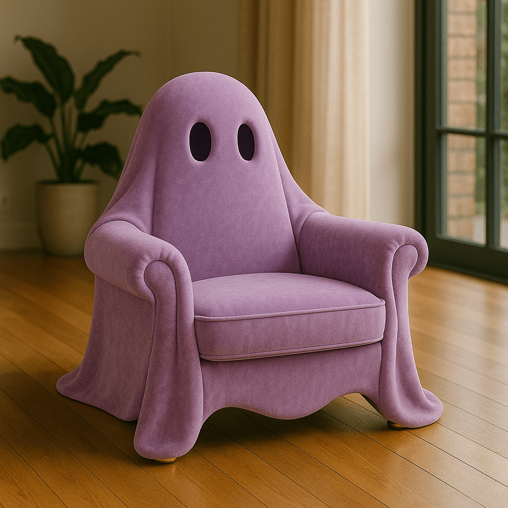 A lilac ghost armchair with sculptural design, featuring eye cutouts and playful ghost-like curves.