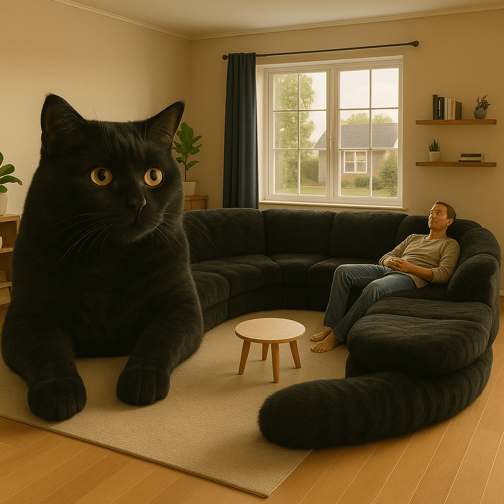 Oversized black cat sofa in a minimalist living room with warm wood flooring.