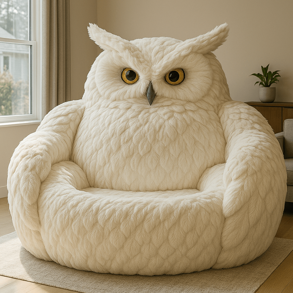 Oversized snowy white owl-inspired armchair with plush faux-fur texture in a naturally lit room.