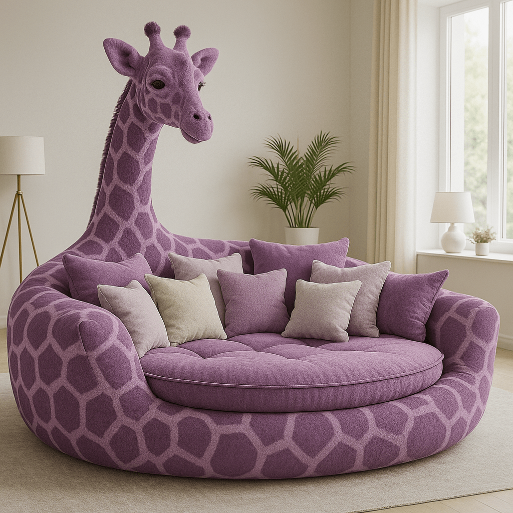 Playful purple giraffe sofa with beige scatter cushions in a modern interior.