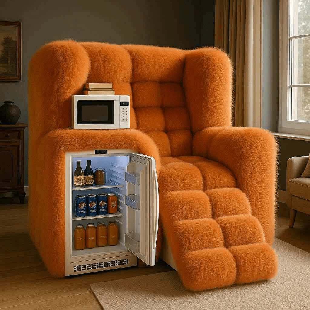 Cosy orange oversized armchair with built-in fridge and microwave for ultimate relaxation.
