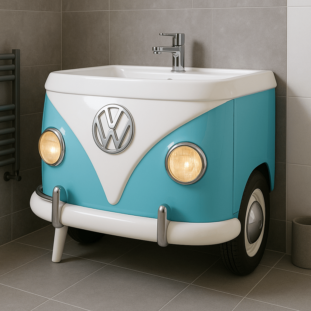 A blue VW camper-style vanity unit in a tiled bathroom with playful retro design.
