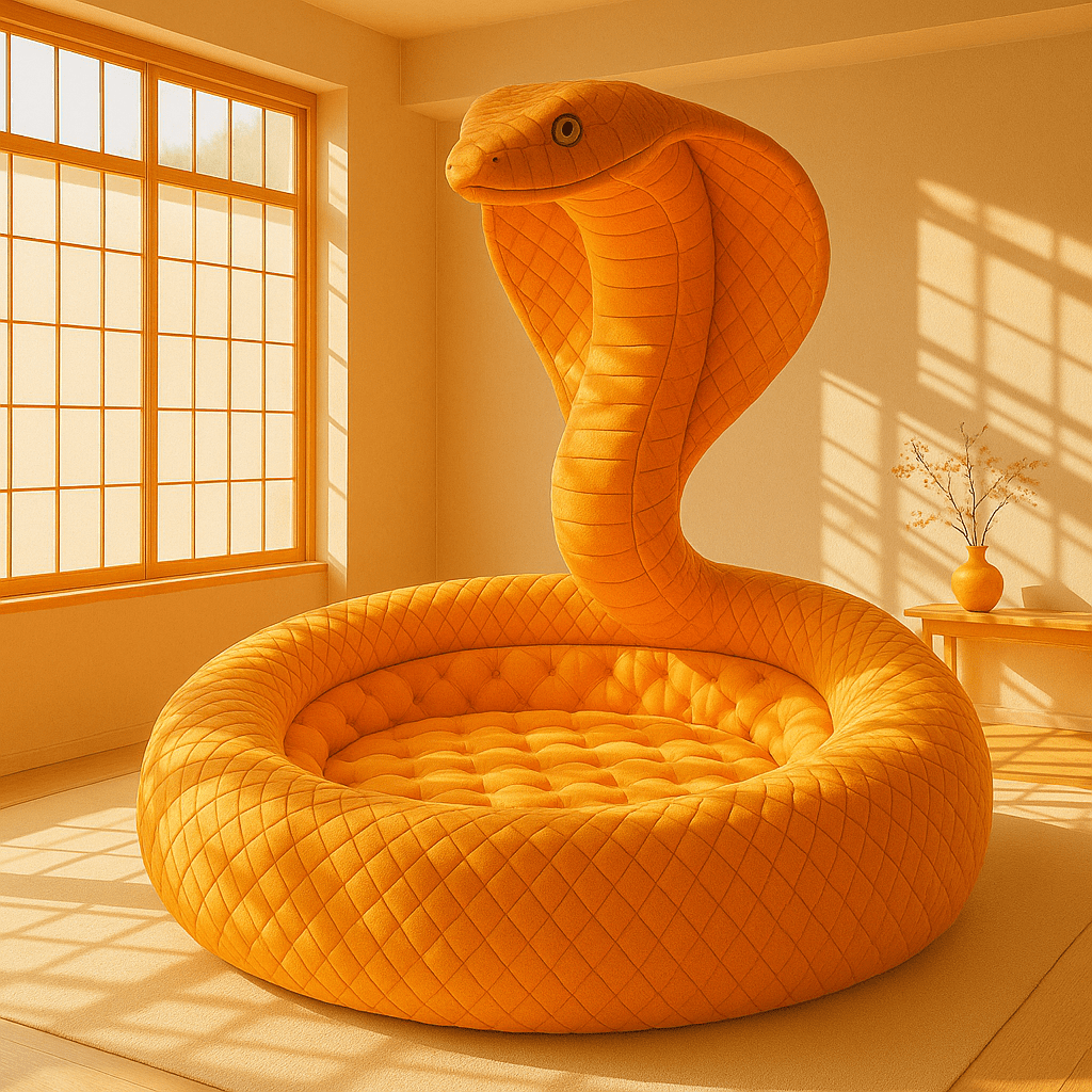  Golden amber snake-shaped chair with a plush quilted base in a sunlit room