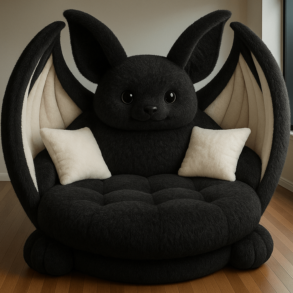 Oversized black bat-shaped armchair with cream wing lining and contrasting white cushions