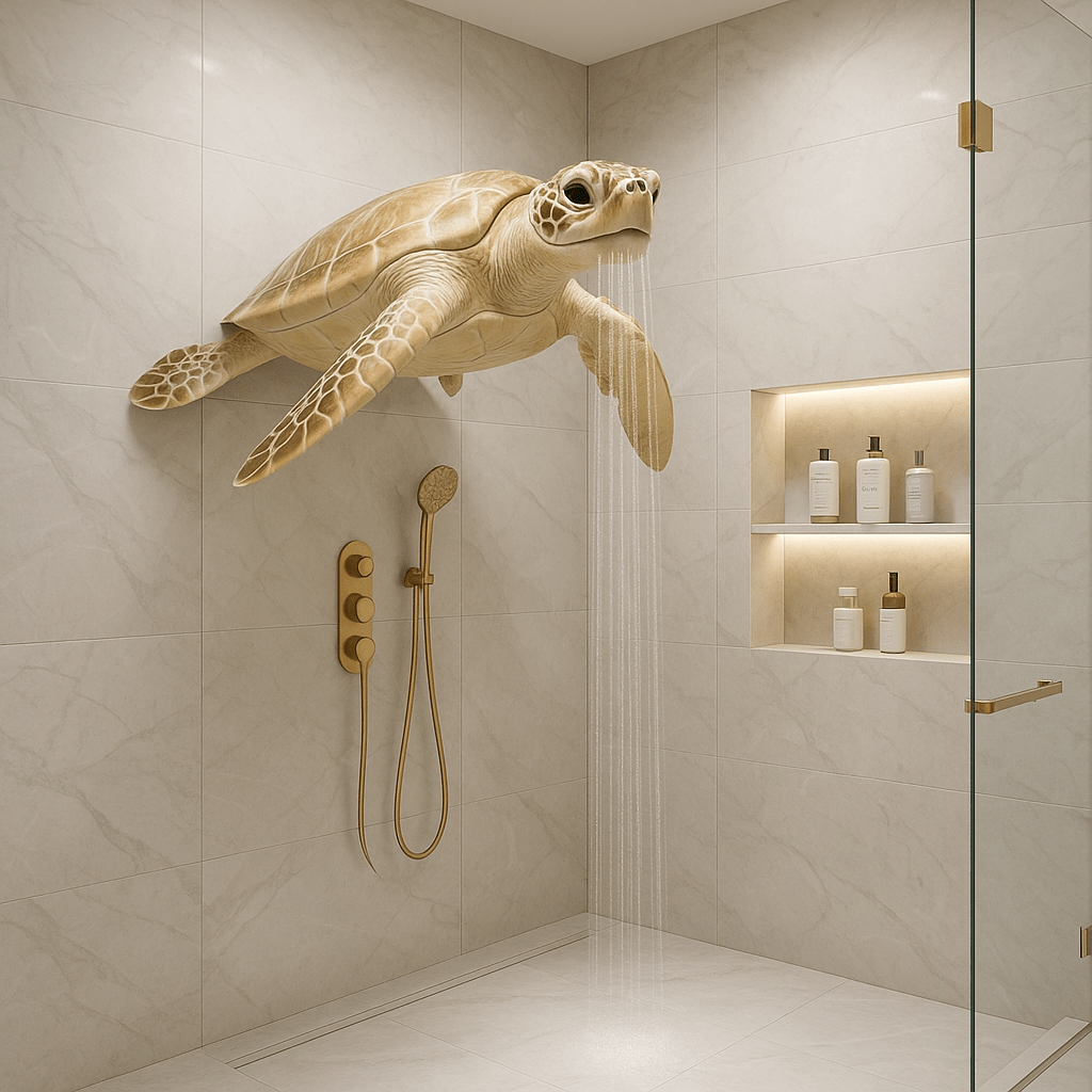 A sandstone beige turtle shower head creating a calm spa-style atmosphere in a luxury bathroom.