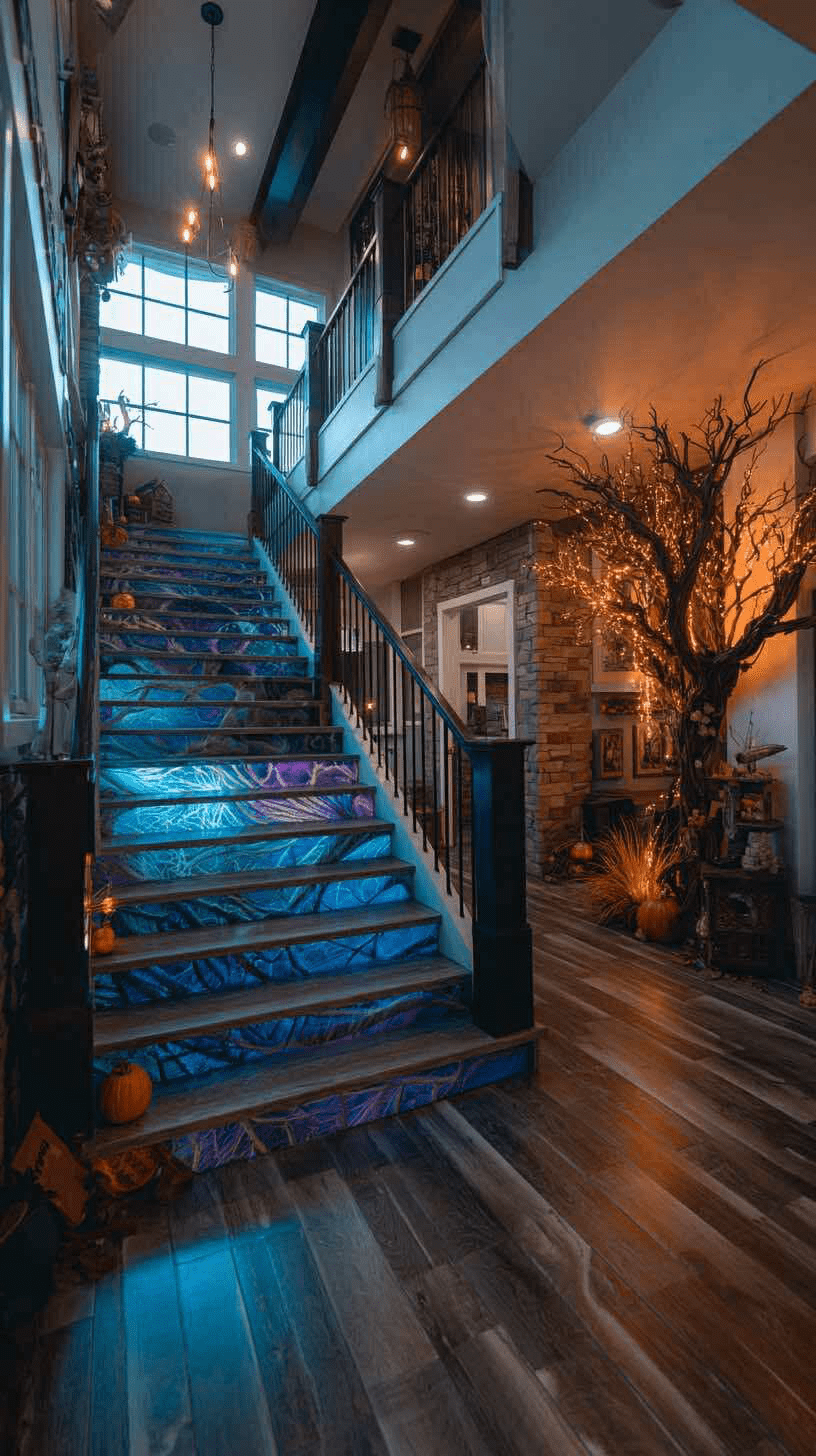 Staircase decorated with glowing purple and blue forest imagery for Halloween.