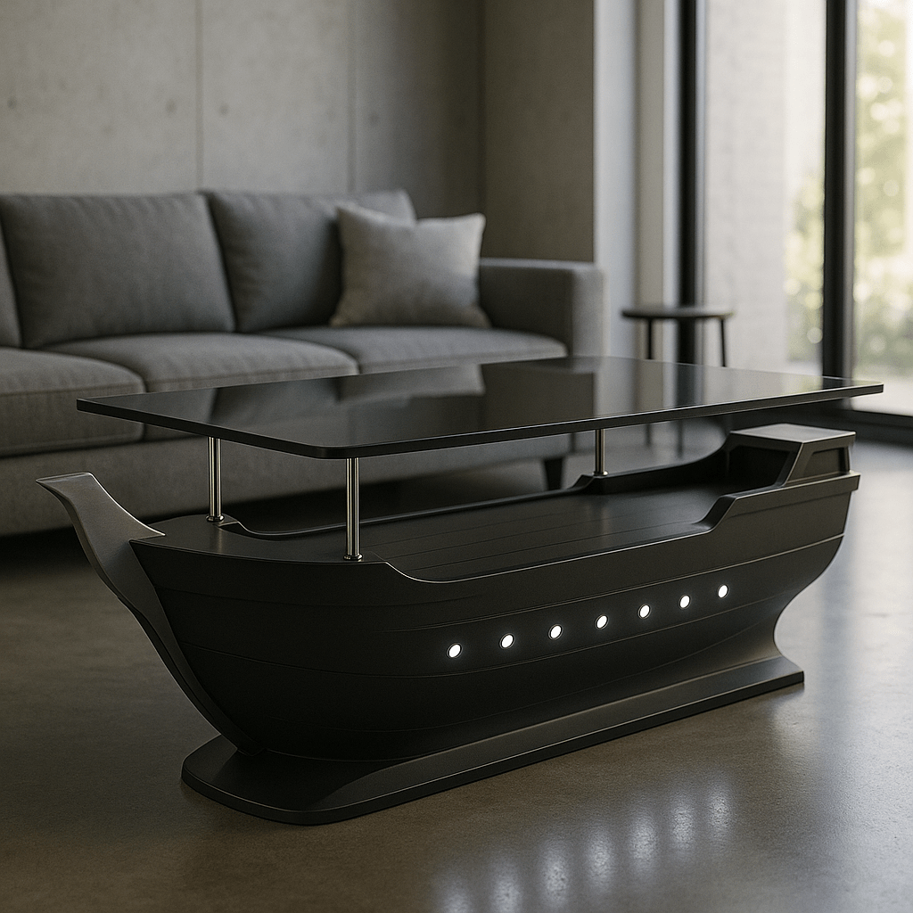Sleek black ship-shaped coffee table with LED portholes and glass top in a modern minimalist living room