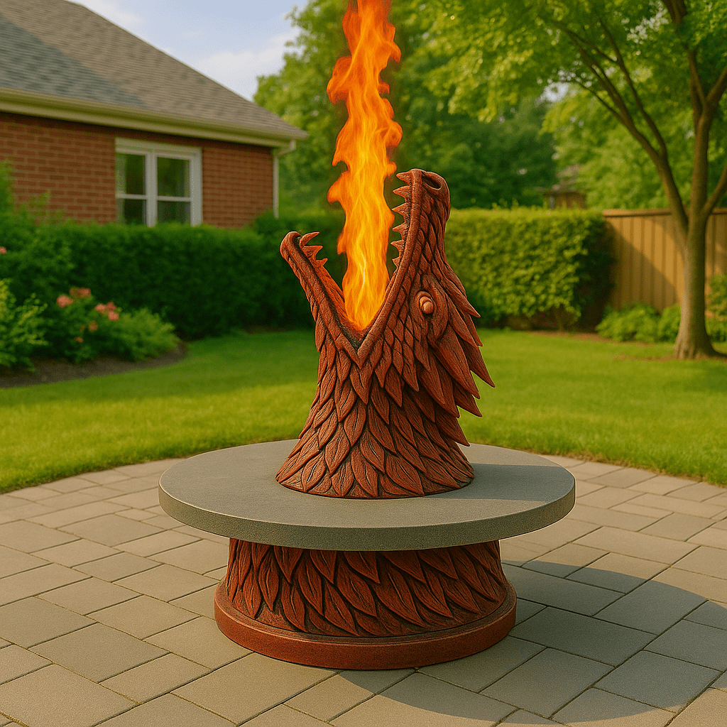 A red dragon head firepit table with realistic scales and flames shooting from its mouth on a garden patio.