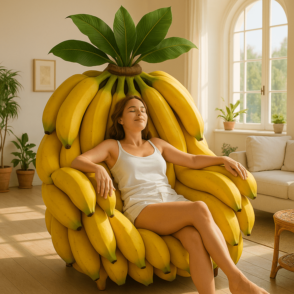 Woman relaxing in oversized banana-shaped armchair with leafy crown
