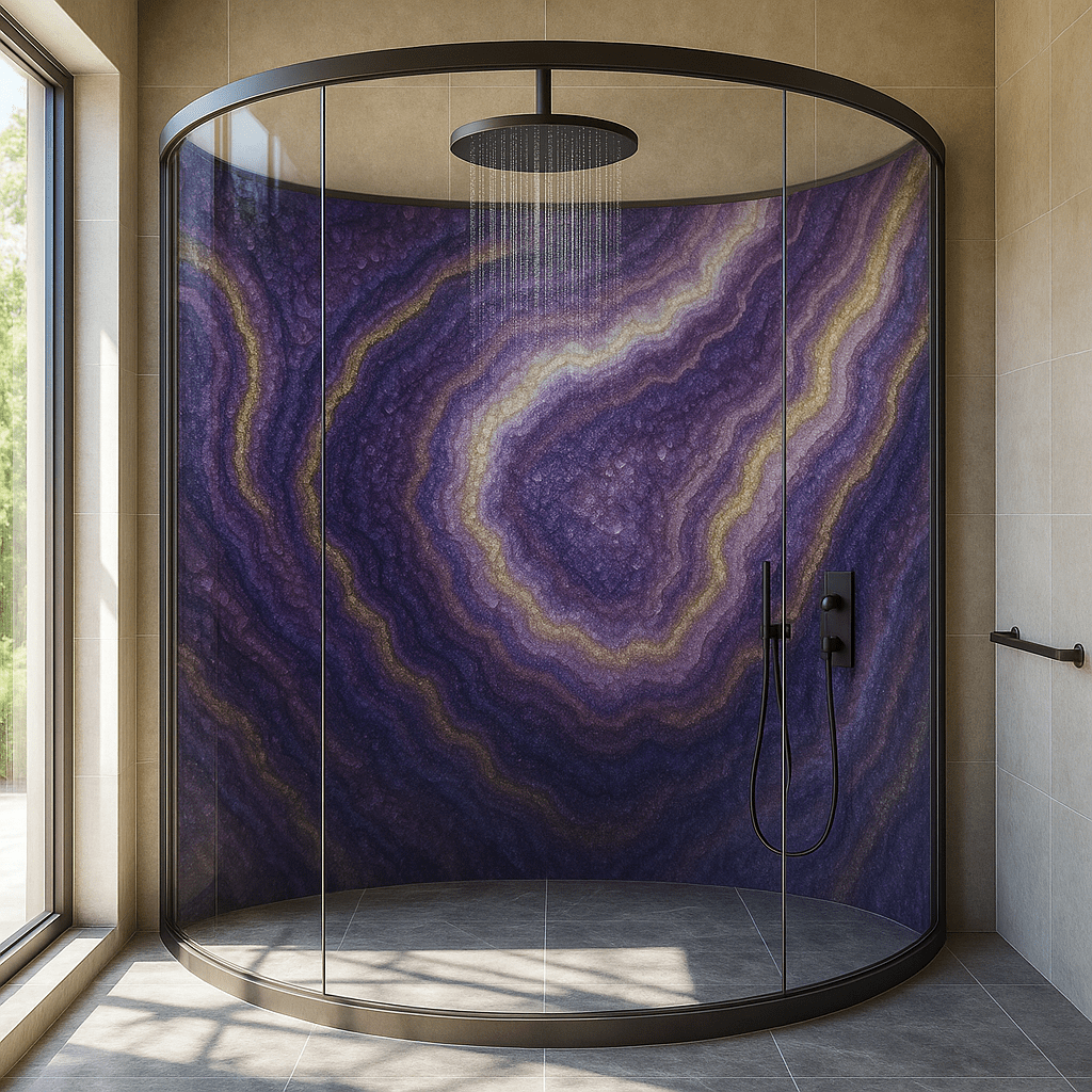 Walk-in shower with deep purple and gold geode design behind a clear glass panel and black fixtures
