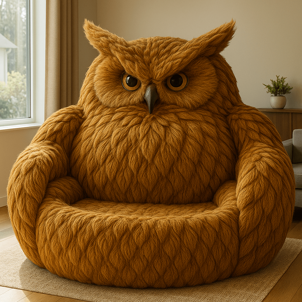 Oversized golden brown owl-shaped armchair with feather-textured upholstery in a cosy living space.