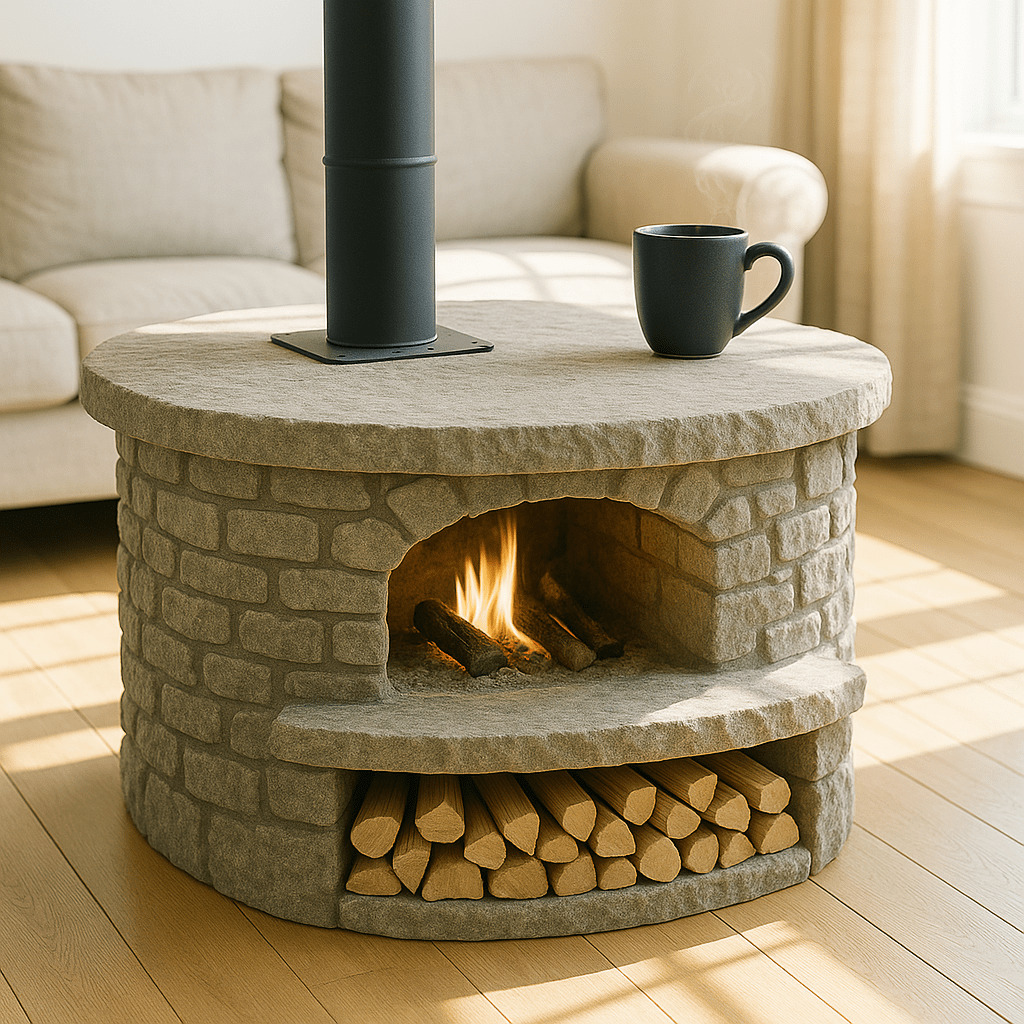 A circular stone fireplace coffee table with glowing fire and stacked logs underneath.