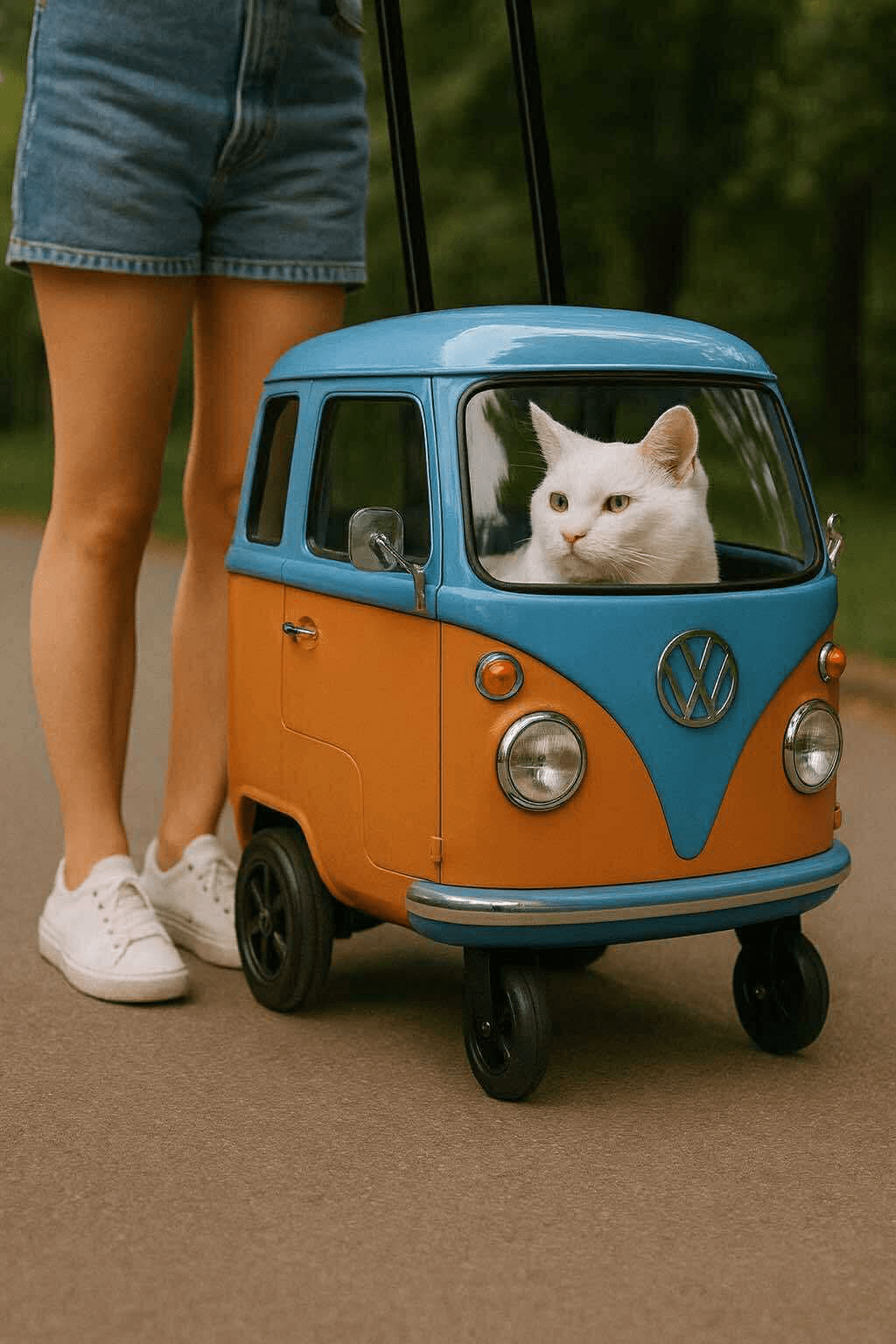 White cat riding in a blue and orange miniature VW camper van pet carrier outdoors.