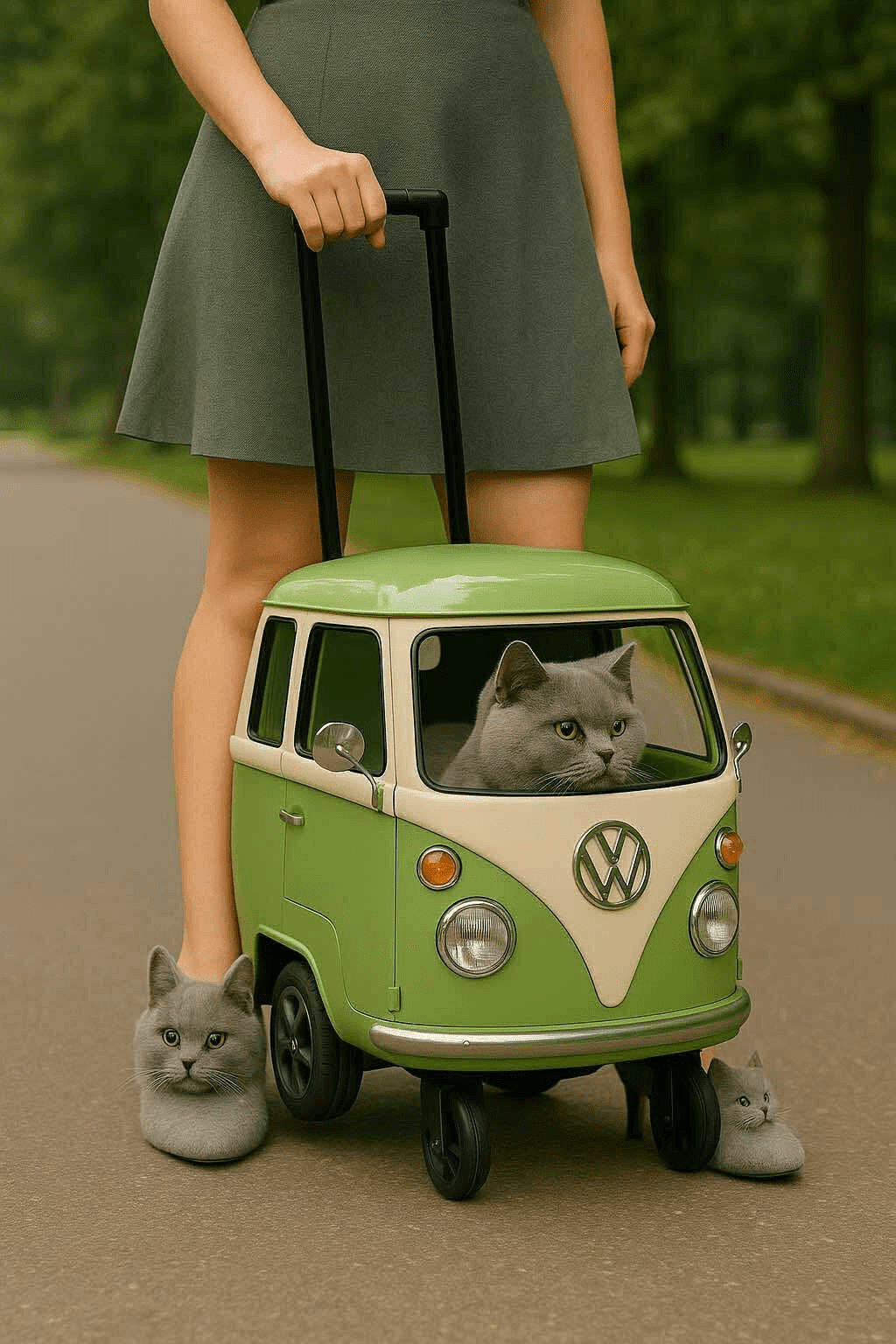 Grey cat inside a green and cream miniature camper van pet carrier with matching cat slippers.