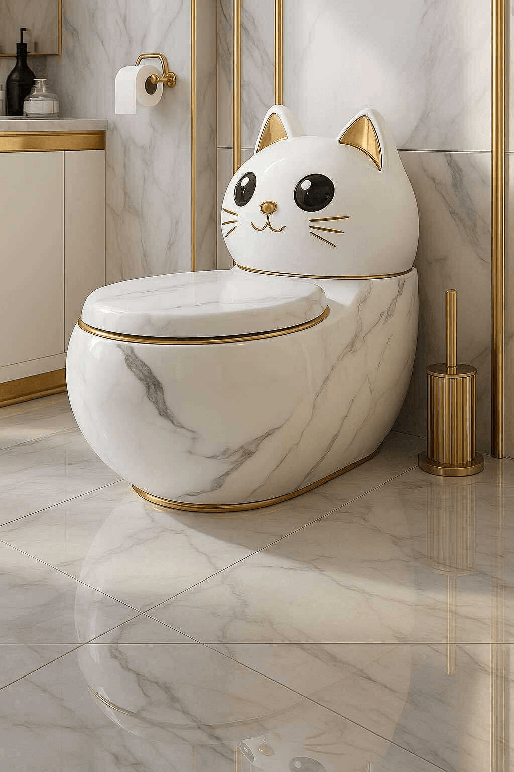 Opulent marble toilet shaped like a cat with gold trim in a high-end bathroom