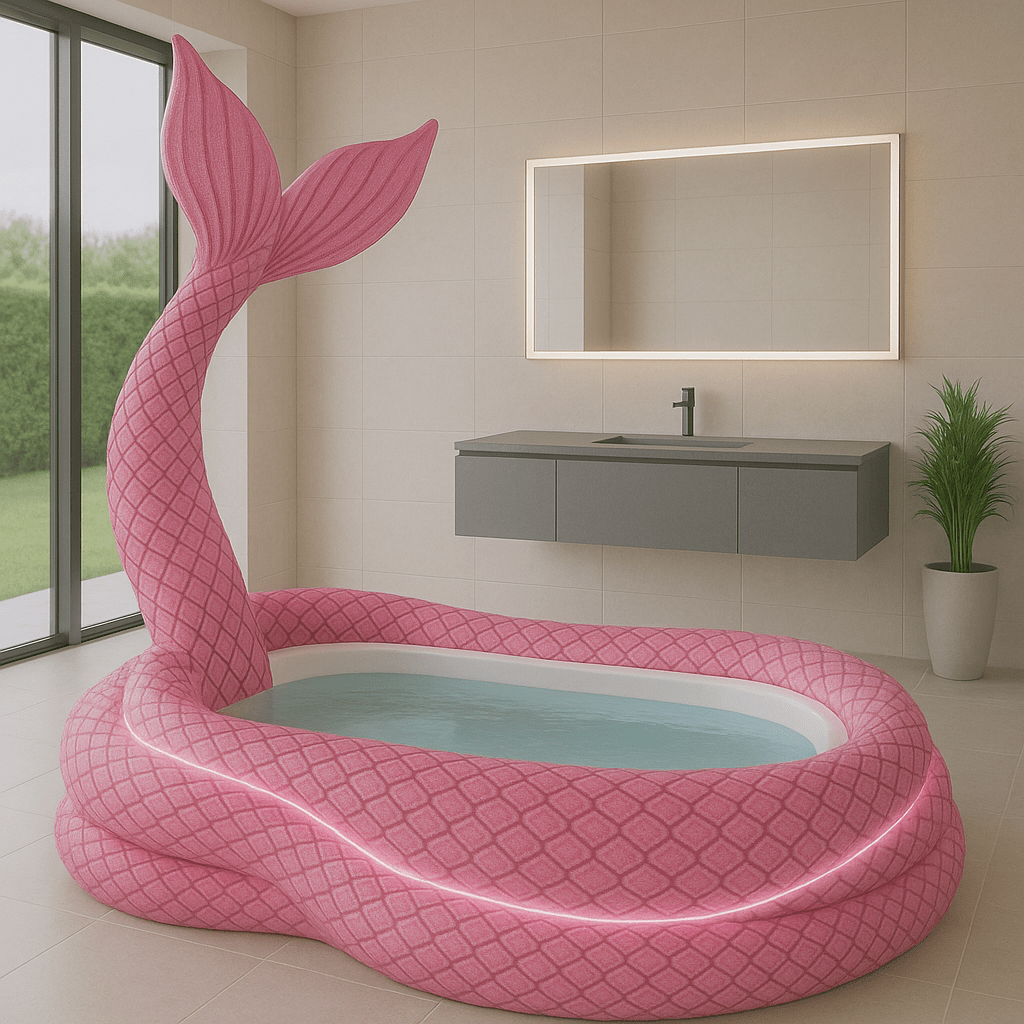 Bright pink mermaid bathtub with glowing light feature in a sleek, grey vanity bathroom