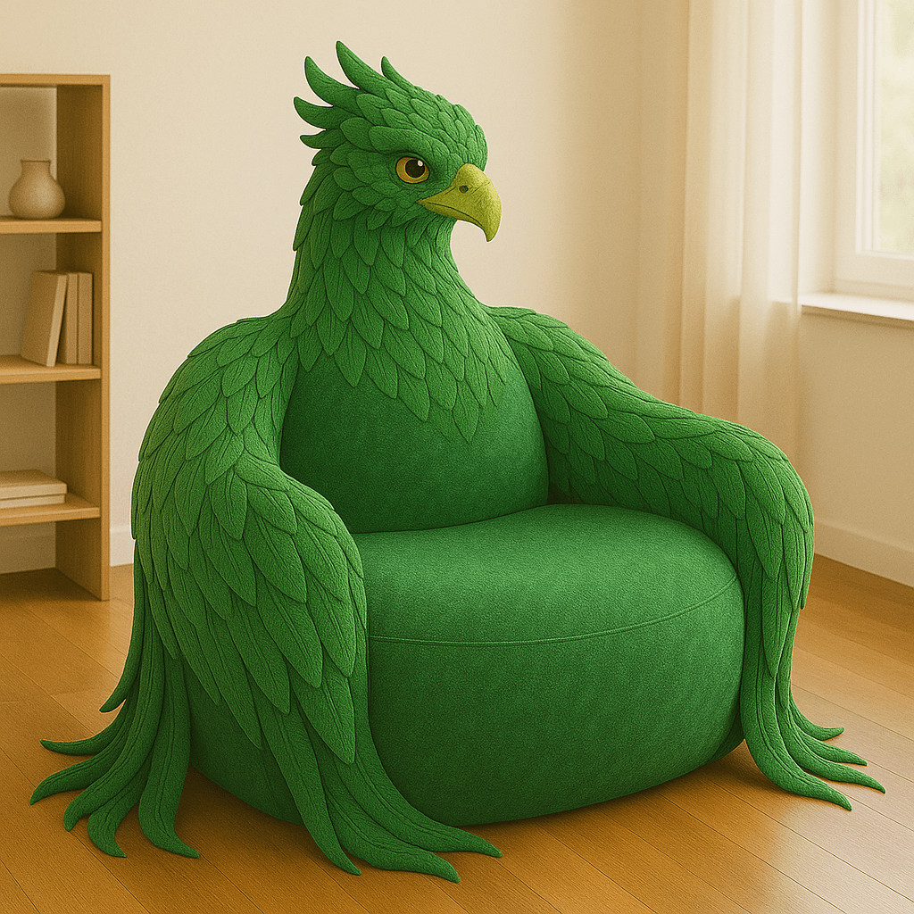 Oversized green phoenix armchair with detailed feather pattern in a modern living room.