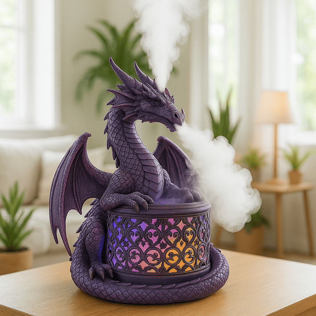 Purple dragon diffuser breathing mist with rainbow-coloured lighting in a cosy room