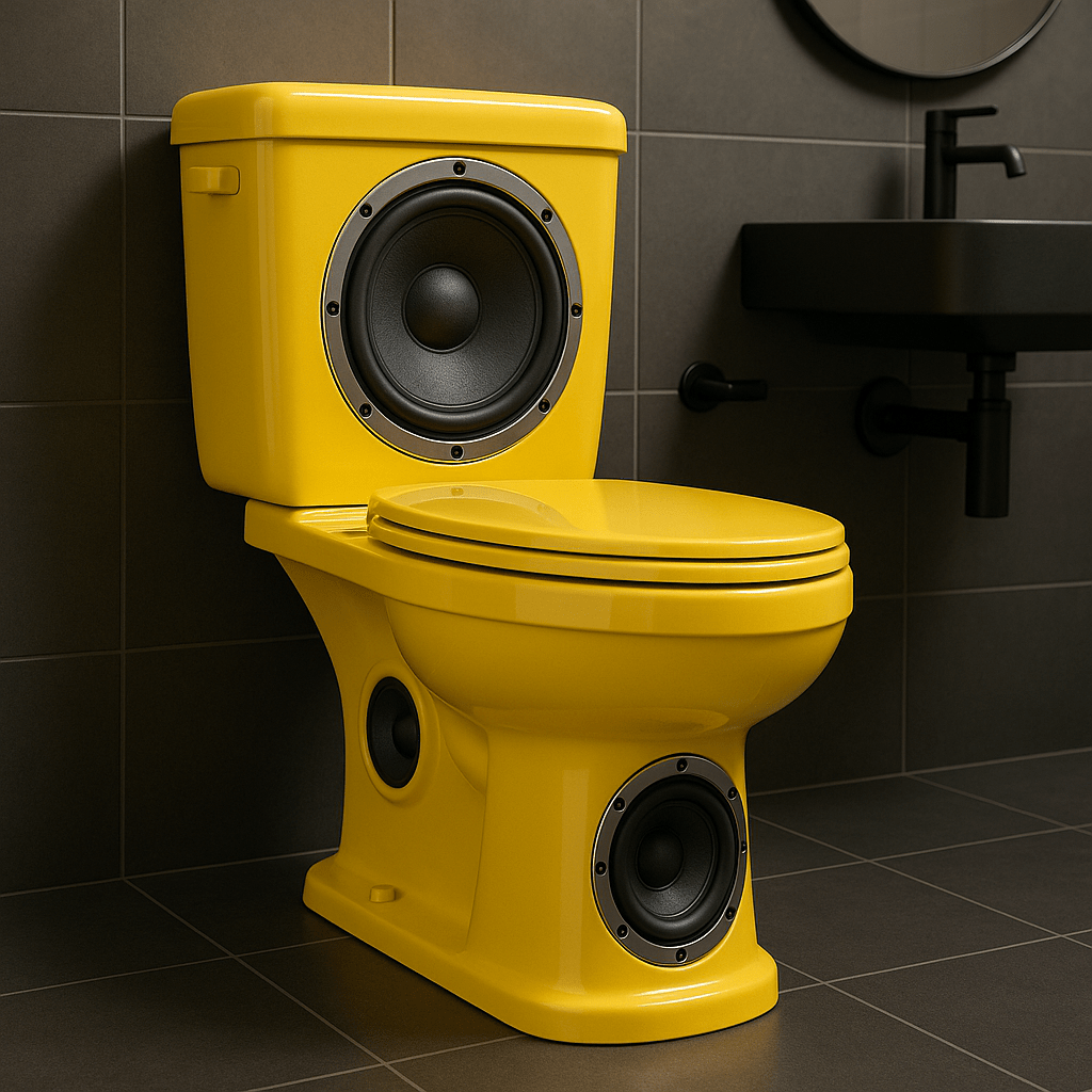 Vibrant yellow novelty toilet with built-in speaker styling in a modern bathroom setting.