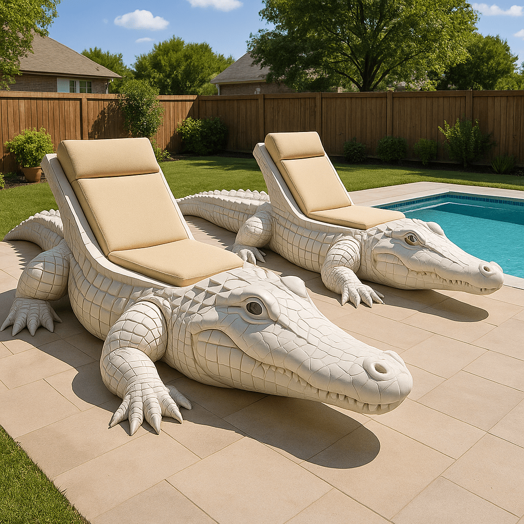 Pair of oversized crisp white alligator-shaped loungers with beige cushions beside a swimming pool.