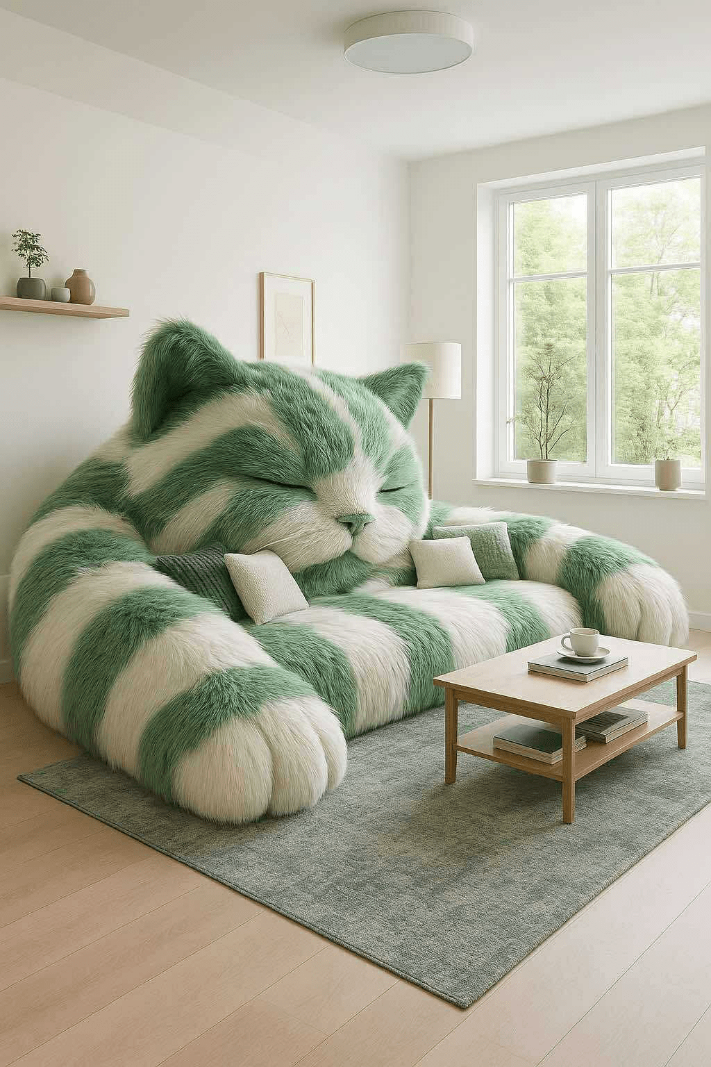 Large mint green and white striped cat-shaped sofa in a bright minimalist living room with pale wooden floors.
