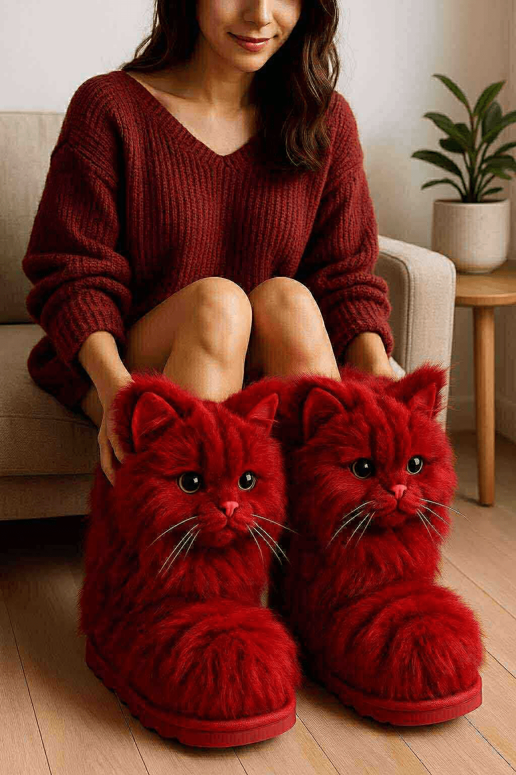 Bright red cat-shaped slippers with fluffy faux fur and lifelike eyes worn with a matching red jumper.
