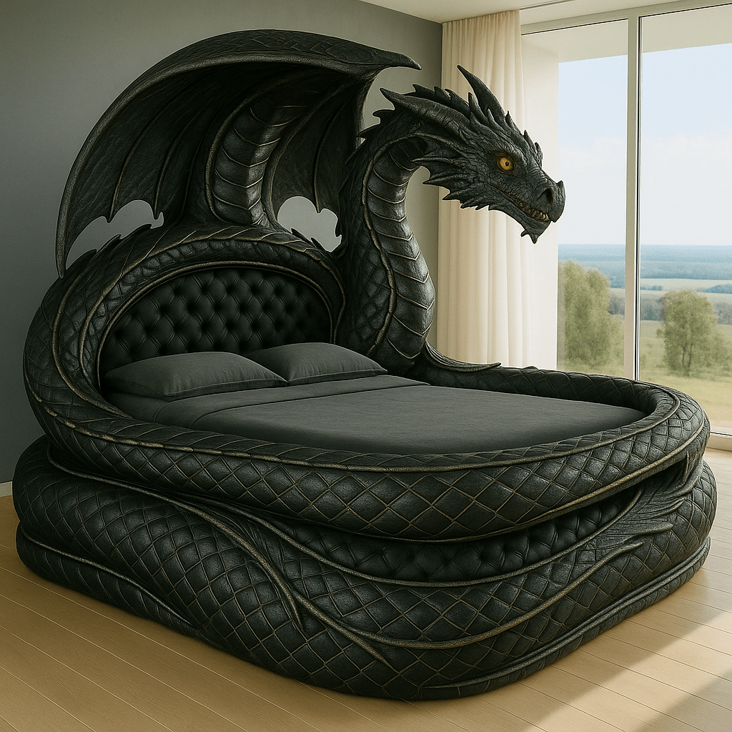Dramatic black dragon bed with gold undertones, gothic design, and glowing eyes in a minimalist bedroom.