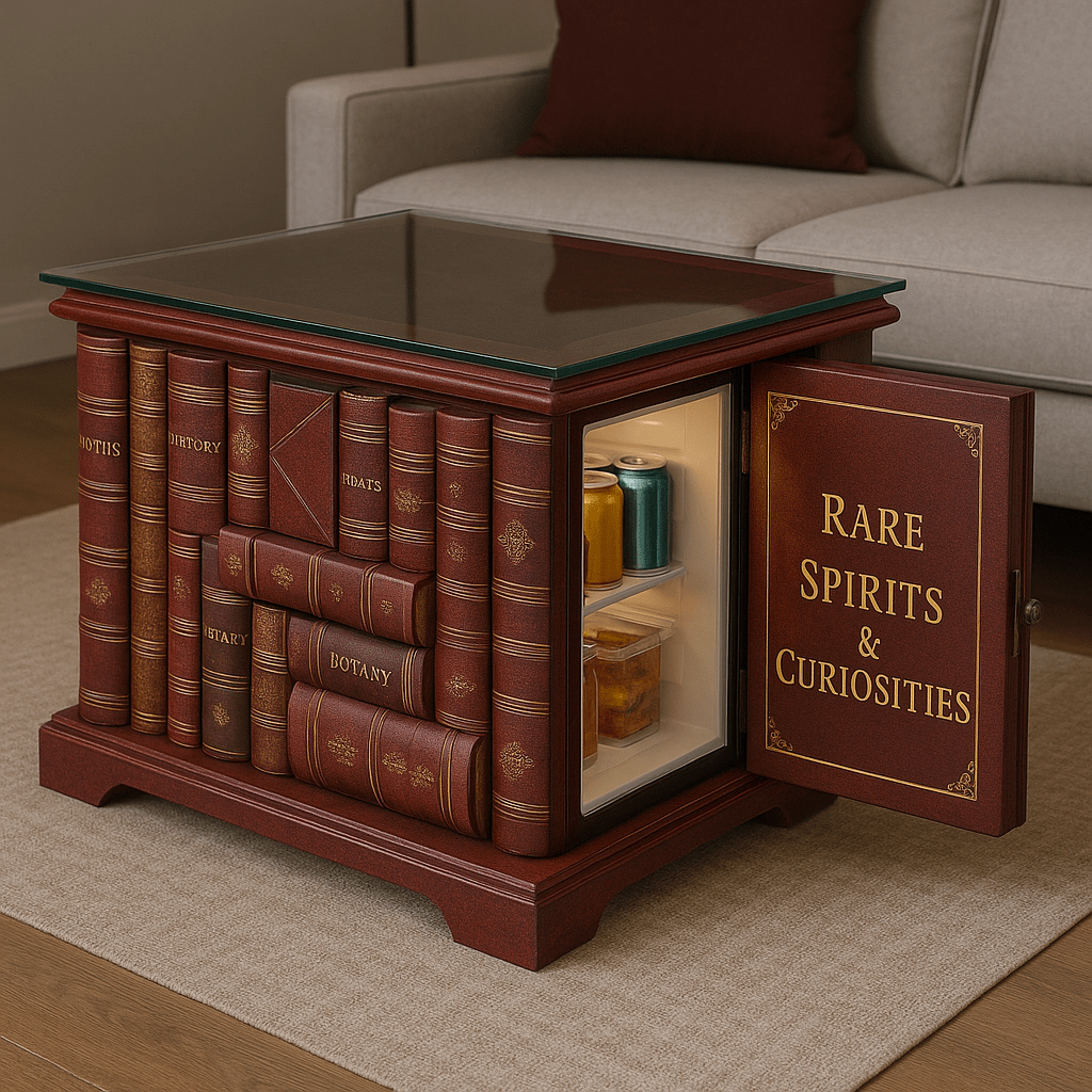 Deep red book-style coffee table with glass top and hidden mini fridge, displayed in an elegant lounge setting.