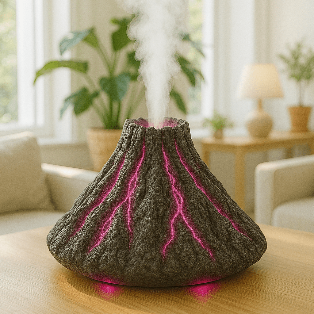 Volcano-shaped aroma diffuser producing mist with vibrant pink glowing lava-style lighting.