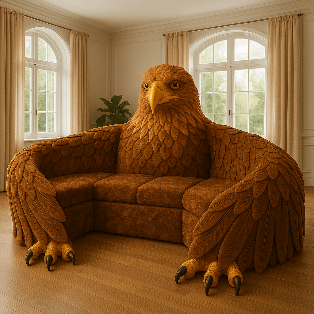 Brown eagle-shaped sofa with textured feathers and fierce expression in a cosy lounge setting