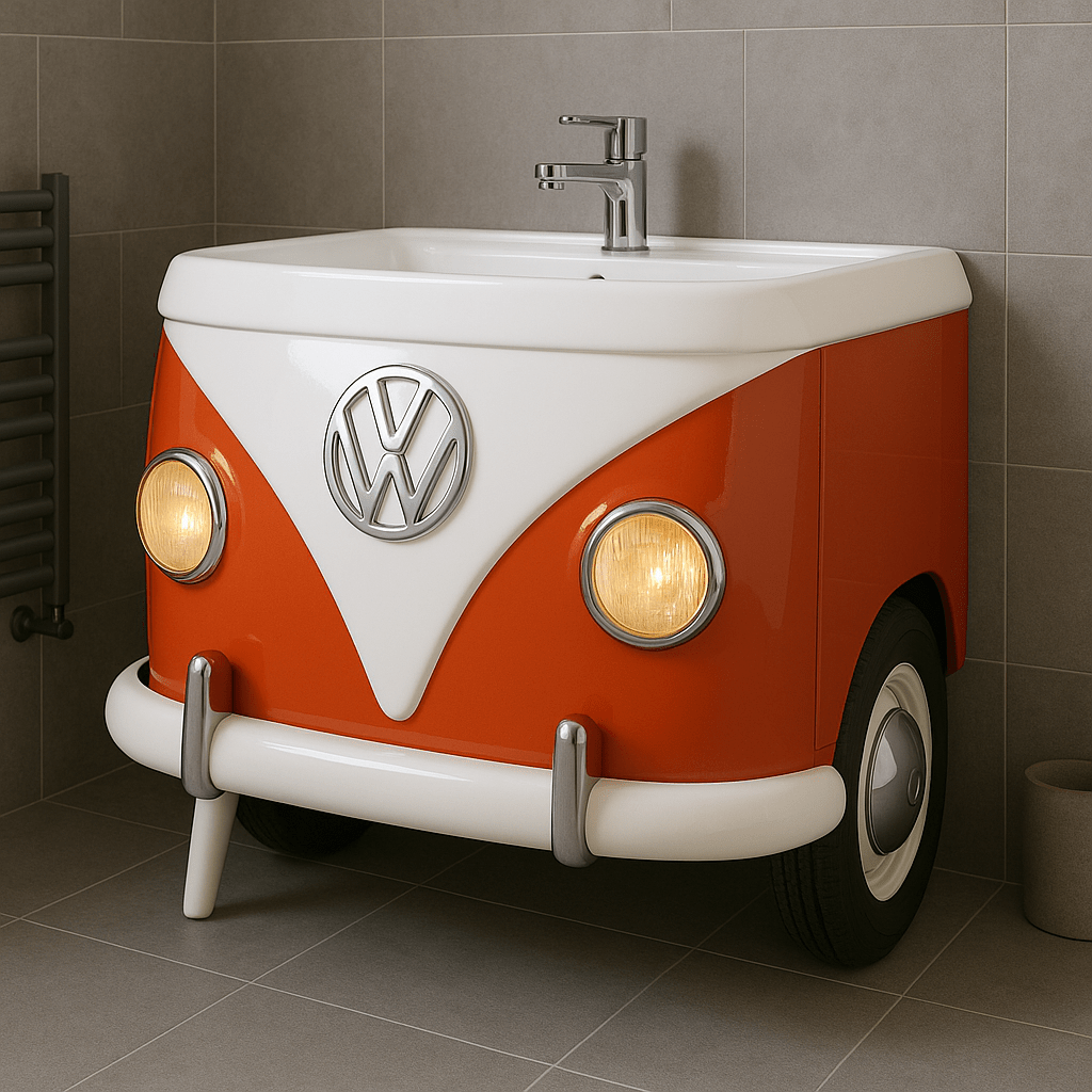 An orange VW camper van sink unit with realistic detailing, perfect for quirky bathrooms.