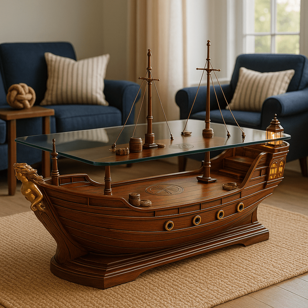 Wooden galleon ship coffee table with glass top and intricate nautical details in a cosy living room