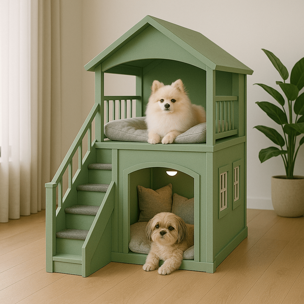 Sage green indoor dog house with two floors, staircase, and two dogs resting on plush cushions.