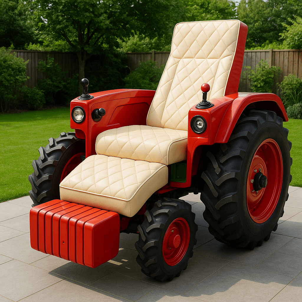 A red tractor-shaped outdoor recliner with cream upholstery in a sunny garden setting.