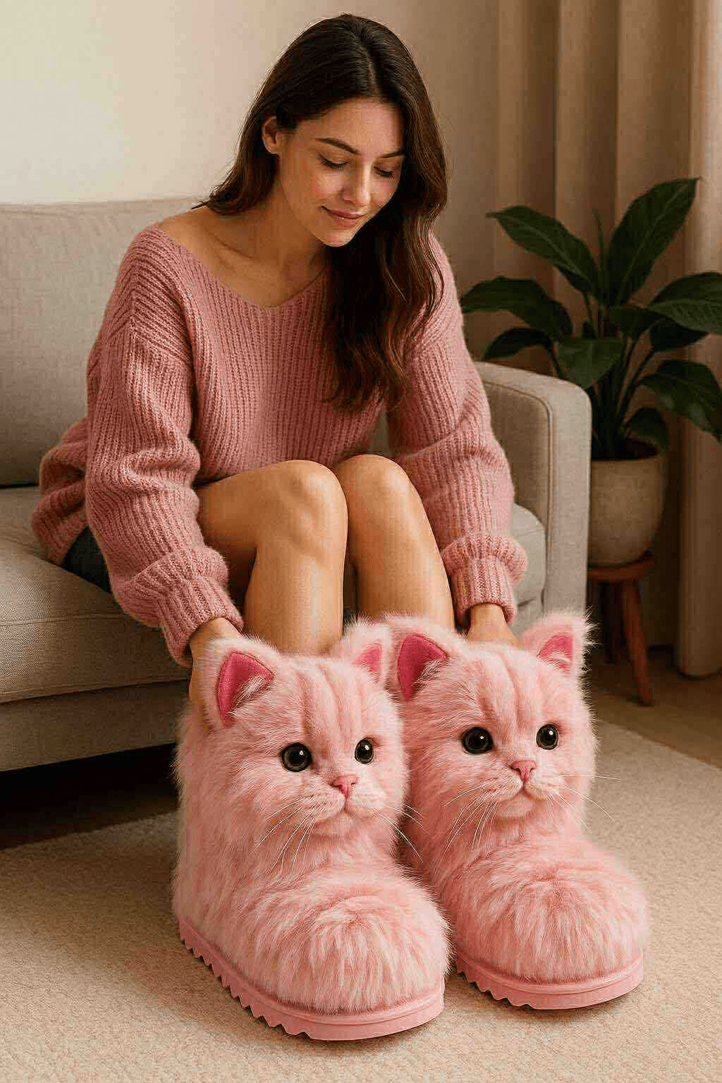 Soft pink cat-shaped slippers with realistic feline faces worn with a matching pink jumper.