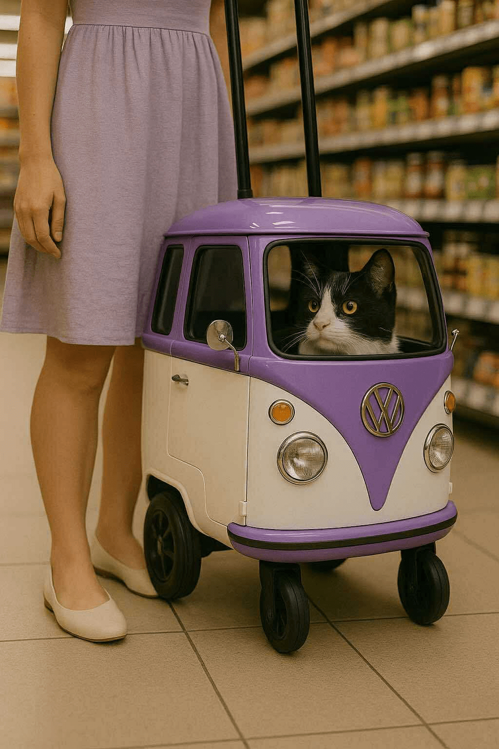 Black and white cat inside a purple and cream miniature VW camper van pet carrier in a supermarket.
