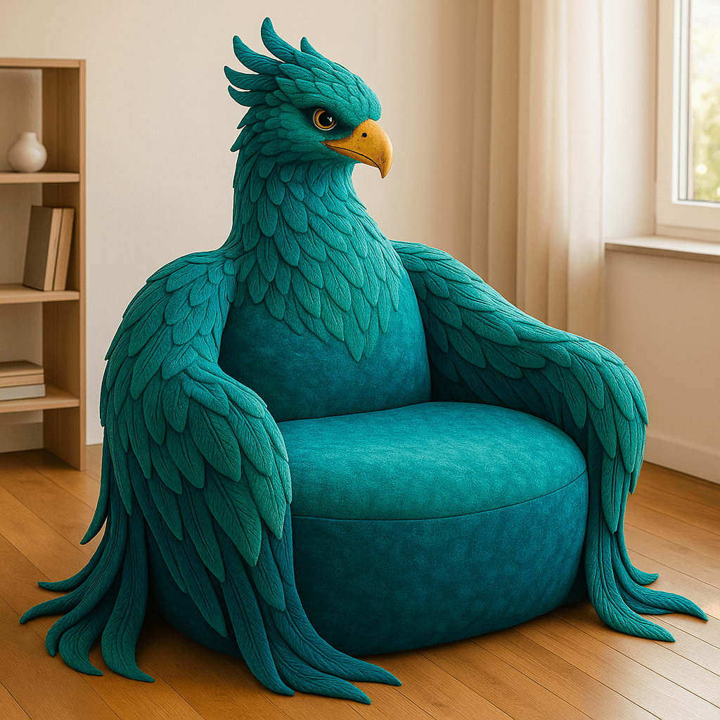 Oversized teal phoenix armchair with sculpted wings and beak design in a contemporary space.